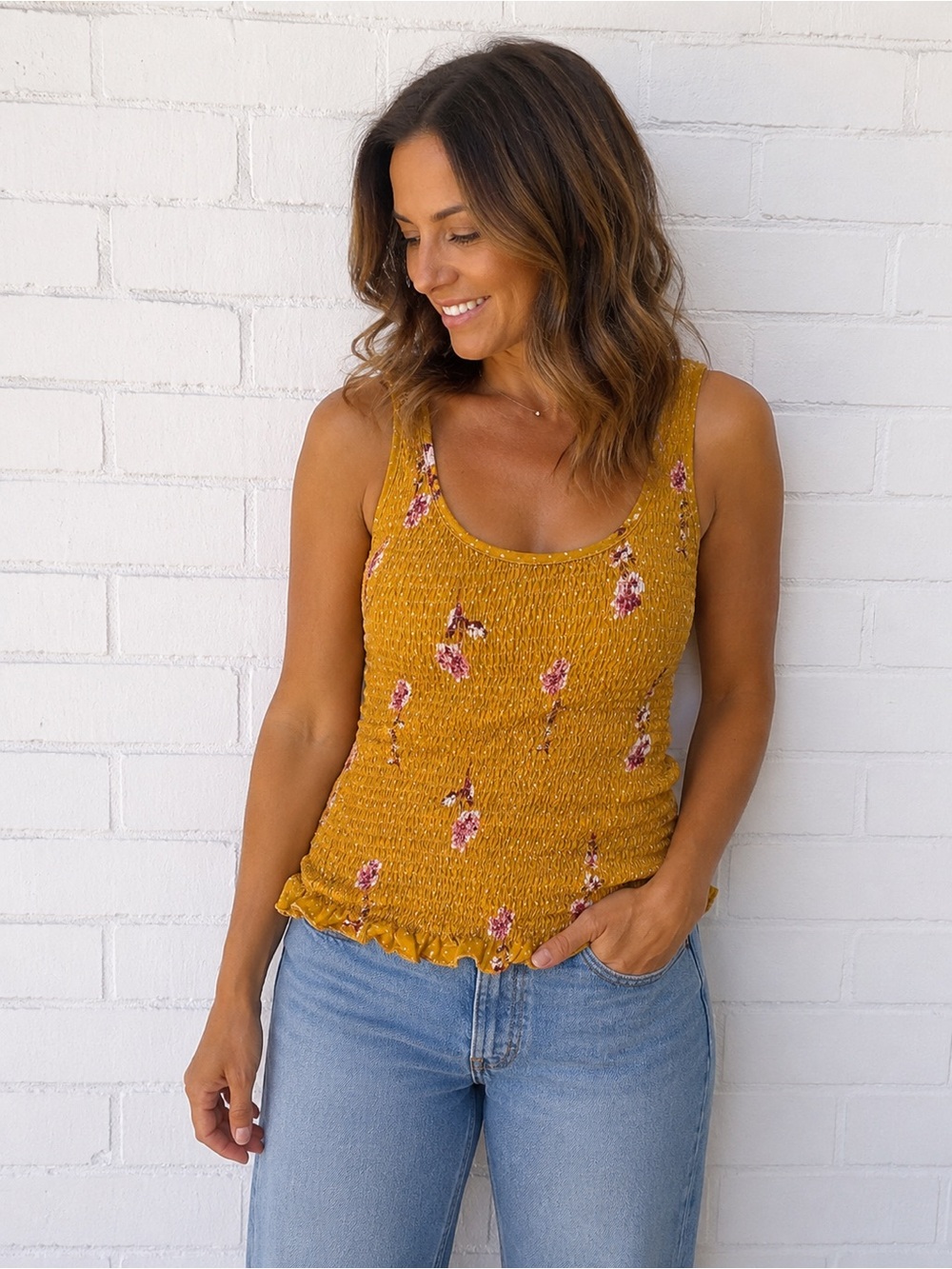 Anthropologie Japna Mustard Floral Smocked Tank Top Cottagecore Boho Medium